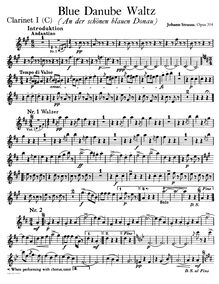Partition clarinette 1 (C), pour Blue Danube, Op. 314, On the Beautiful Blue Danube - WalzesAn der schönen blauen Donau