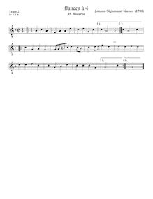 Partition ténor viole de gambe 2, octave aigu clef, 3 Dances à 4 par Johann Sigismund Kusser