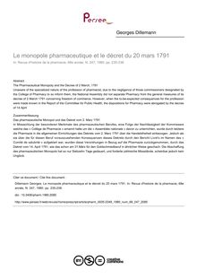 Le monopole pharmaceutique et le décret du 20 mars 1791 - article ; n°247 ; vol.68, pg 235-238