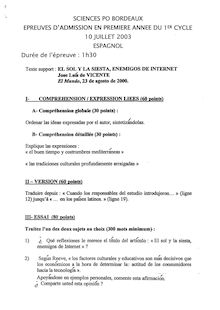 Espagnol 2003 Admission en première année IEP Bordeaux - Sciences Po Bordeaux