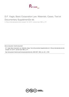 D.F. Vagts, Basic Corporation Law. Materials, Cases, Text et Documentary Supplément2e éd. - note biblio ; n°1 ; vol.32, pg 271-271