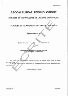 Sujet du bac serie ST2S 2012: Sciences et techniques sanitaires et sociales-antilles-guyane