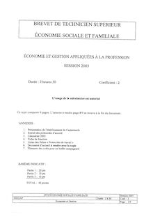 Economie et gestion appliquées à la profession 2003 BTS Économie sociale et familiale