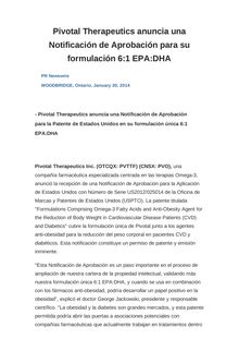 Pivotal Therapeutics anuncia una Notificación de Aprobación para su formulación 6:1 EPA:DHA