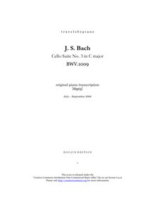 Partition complète, violoncelle  No.3, C major, Bach, Johann Sebastian par Johann Sebastian Bach