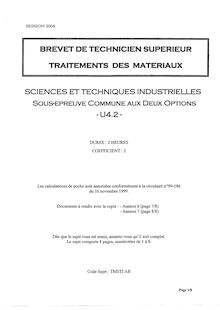 Sciences techniques industrielles 2004 BTS Traitement des matériaux