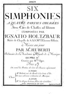 Partition cor 2, 6 Symphonies, Six simphonies à quatre parties obligées avec cors de chasses ad libitum