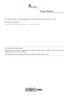 D. Dubuisson. Mythologies du XXe siècle (Dumézil, Lévi-Strauss, Éliade)  ; n°4 ; vol.212, pg 499-503