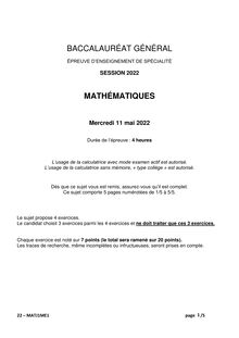 Bac 2022 - sujet de spécialité Mathématiques