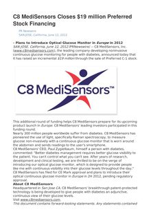 C8 MediSensors Closes $19 million Preferred Stock Financing