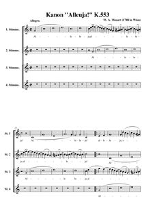 Partition complète, Canon pour 4 voix, Alleluia, C major, Mozart, Wolfgang Amadeus