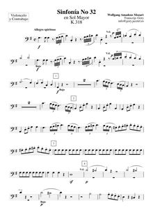 Partition violoncelles / Basses, Symphony No.32, Overture, G major par Wolfgang Amadeus Mozart