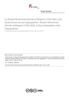 Le Shaykh Muhammad Uthmân al Mîrghanî (1793-1853). Une double lecture de ses hagiographies / Shaykh Muhammad Uthmân al-Mîrghanî (1793-1853). A Dual Interprétation ofhis Hagiographies. - article ; n°1 ; vol.58, pg 139-155