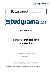 Corrige BACSTD2A français épreuve anticipée 2016