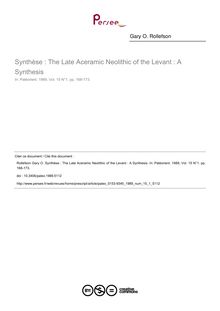 Synthèse : The Late Aceramic Neolithic of the Levant : A Synthesis - article ; n°1 ; vol.15, pg 168-173