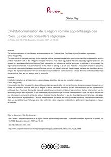 L institutionnalisation de la région comme apprentissage des rôles. Le cas des conseillers régionaux - article ; n°38 ; vol.10, pg 18-46