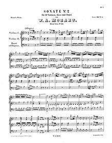Partition complète, église Sonata No.2, Sonate für zwei Violinen und Orgel oder Bass par Wolfgang Amadeus Mozart