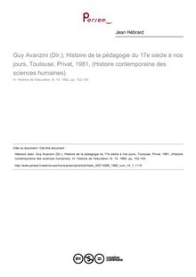 Guy Avanzini (Dir.), Histoire de la pédagogie du 17e siècle à nos jours, Toulouse, Privat, 1981, (Histoire contemporaine des sciences humaines)  ; n°1 ; vol.14, pg 102-105