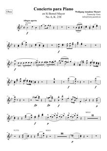 Partition hautbois 1/2, Piano Concerto No.6, B♭ major, Mozart, Wolfgang Amadeus