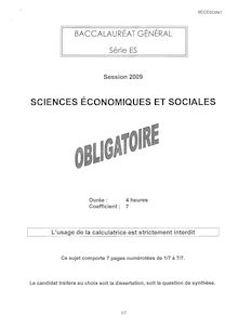 Sciences économiques et sociales (SES) 2009 Sciences Economiques et Sociales Baccalauréat général