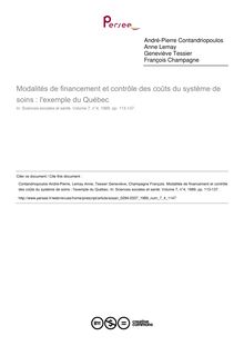 Modalités de financement et contrôle des coûts du système de soins : l exemple du Québec - article ; n°4 ; vol.7, pg 113-137