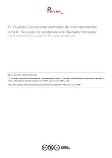 Th. Ruyssen, Les sources doctrinales de l internationalisme, tome II : De la paix de Westphalie à la Révolution française - note biblio ; n°1 ; vol.12, pg 291-291