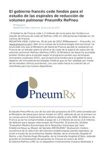 El gobierno francés cede fondos para el estudio de las espirales de reducción de volumen pulmonar PneumRx RePneu