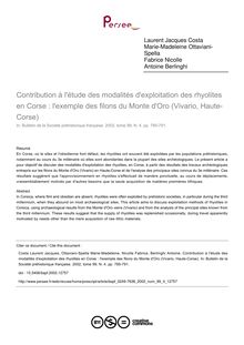 Contribution à l étude des modalités d exploitation des rhyolites en Corse : l exemple des filons du Monte d Oro (Vivario, Haute-Corse) - article ; n°4 ; vol.99, pg 785-791
