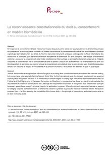 La reconnaissance constitutionnelle du droit au consentement en matière biomédicale - article ; n°2 ; vol.53, pg 383-402