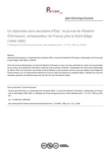 Un diplomate sans secrétaire d État : le journal de Wladimir d Ormesson, ambassadeur de France près le Saint-Siège (1948-1956) - article ; n°2 ; vol.110, pg 629-641