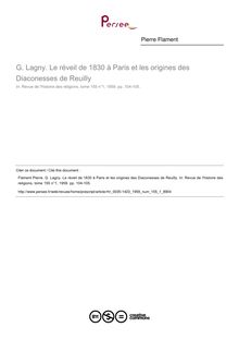 G. Lagny. Le réveil de 1830 à Paris et les origines des Diaconesses de Reuilly  ; n°1 ; vol.155, pg 104-105