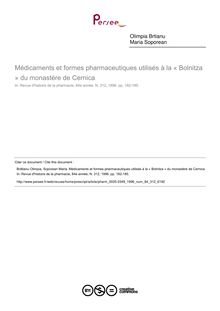 Médicaments et formes pharmaceutiques utilisés à la « Bolnitza » du monastère de Cernica - article ; n°312 ; vol.84, pg 182-185