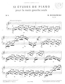 Partition complète, 12 Etudes pour pour à gauche main, Op.92, 12 Études de Piano pour la main gauche seule par Moritz Moszkowski