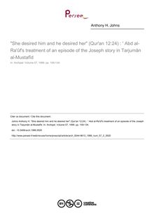 She desired him and he desired her (Qur an 12:24) :   Abd al-Ra ûf s treatment of an episode of the Joseph story in Tarjumân al-Mustafîd - article ; n°2 ; vol.57, pg 109-134