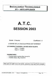 Arts Techniques et Civilisations 2003 S.T.I (Arts Appliqués) Baccalauréat technologique