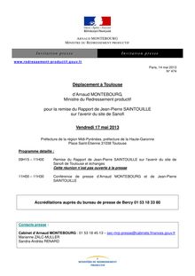 Communiqué : Remise du Rapport de Jean-Pierre SAINTOUILLE sur l avenir du site de Sanofi le 17/05/2013
