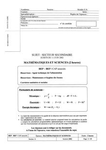 Mathématiques - Sciences 2002 CAP Maintenance et Hygiène des Locaux