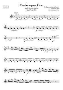 Partition violons 2, Piano Concerto No.27, B♭ major, Mozart, Wolfgang Amadeus
