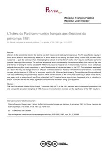 L échec du Parti communiste français aux élections du printemps 1981 - article ; n°5 ; vol.31, pg 1015-1037