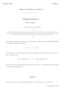 Mathématiques 1 2003 Classe Prepa PSI Concours Instituts Nat. Polytechniques (INP - ENSI)