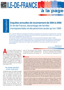Enquêtes annuelles de recensement de 2004 à 2006  En Ile-de-France, davantage de familles monoparentales et de personnes seules quen 1999