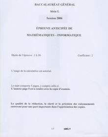 BACCALAUREATGENERAL  SerieL  (Session2006)  EPREUVE ANTICIPEE DE  MATHEMATIQUES - INFORMATIQUE