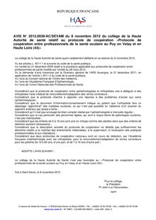 Avis de la HAS sur le protocole de coopération  Protocole de coopération entre professionnels de la santé oculaire au Puy en Velay et en Haute Loire (43)