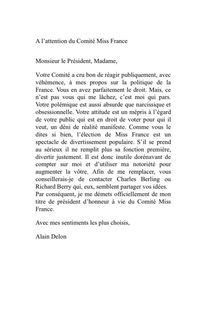 Lettre d Alain Delon présentant sa démission au Comité Miss France