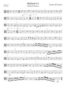 Partition ténor viole de gambe 2, alto clef, Galliard Milanese, Cabezón, Antonio de