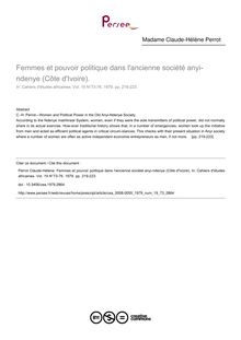 Femmes et pouvoir politique dans l ancienne société anyi-ndenye (Côte d Ivoire). - article ; n°73 ; vol.19, pg 219-223