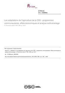 Les adaptations de l agriculture de la CEE : programmes communautaires, effets économiques et analyse coût-avantage - article ; n°1 ; vol.189, pg 35-41