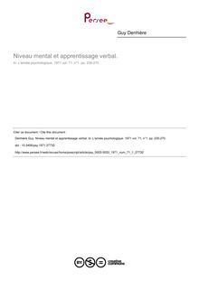 Niveau mental et apprentissage verbal. - article ; n°1 ; vol.71, pg 235-270