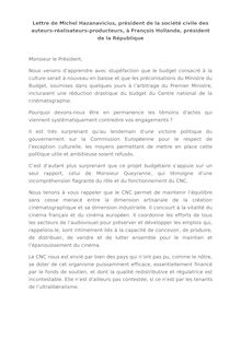 Lettre de Michel Hazanavicius, président de la société civile des auteurs-réalisateurs-producteurs, à François Hollande, président de la République