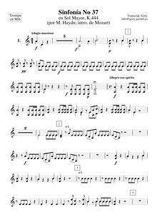 Partition cornes 1, 2 (en E♭), Symphony No.37, G major, Mozart, Wolfgang Amadeus